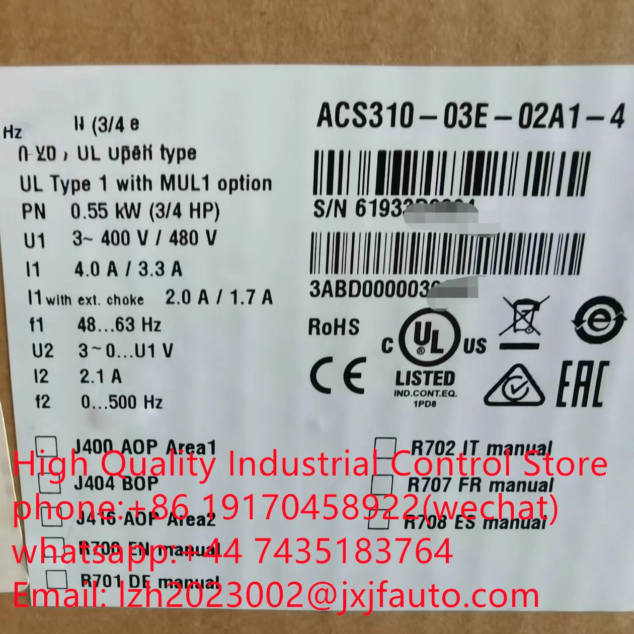 ACS310 시리즈 VCS310-03E-01A3-4 납품 3AUA0000039625