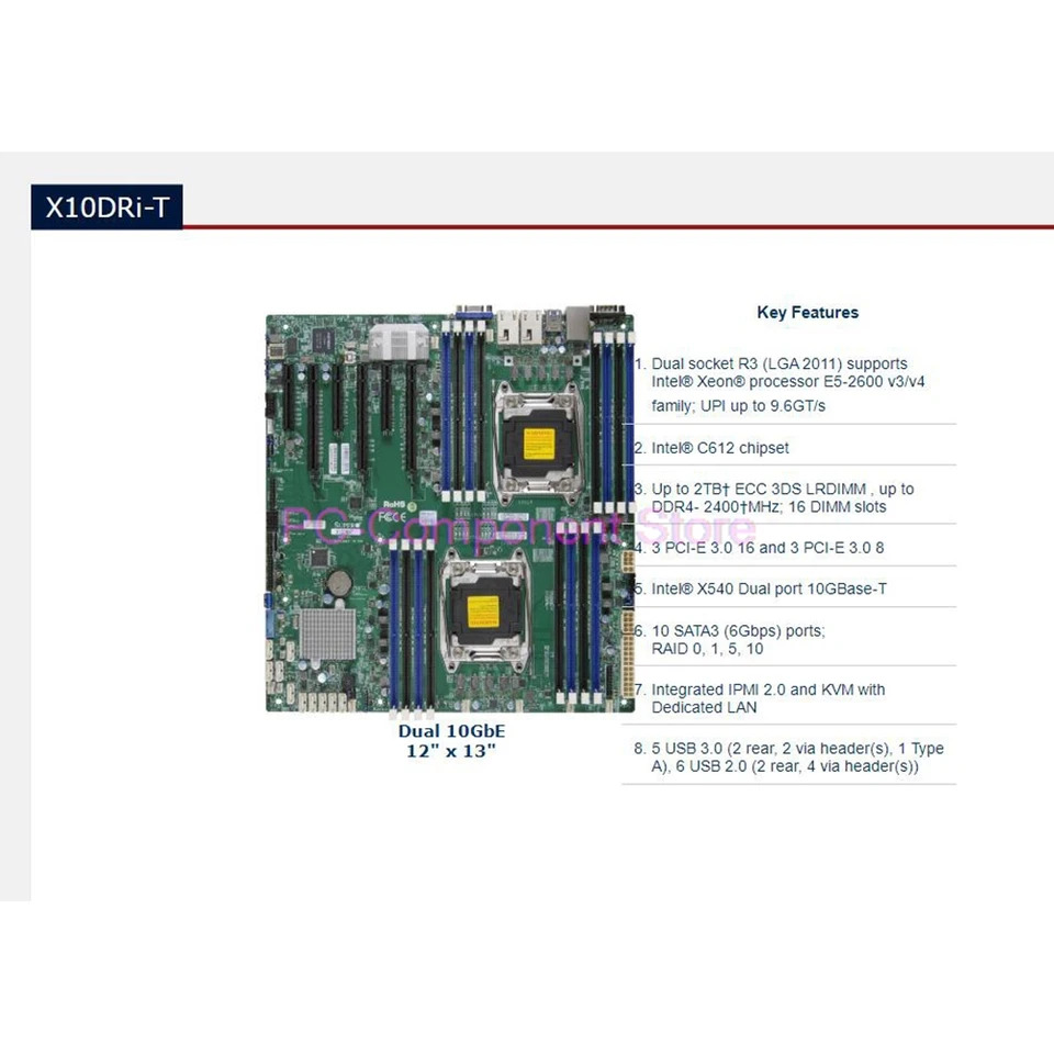 X10DRi-T 슈퍼마이크로 서버 마더보드 E5-2600 v4/v3 패밀리 듀얼 포트 X540 10GBase-T LGA2011 DDR4