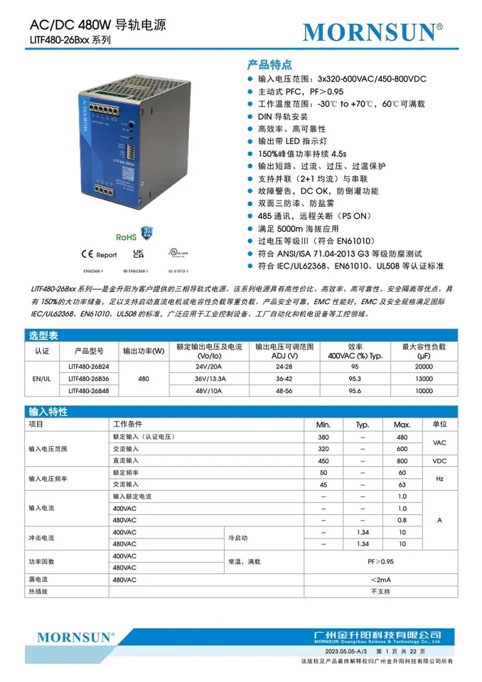 AC-DC 레일 전원공급장치 LITF480-26B24 36/48 480W 신