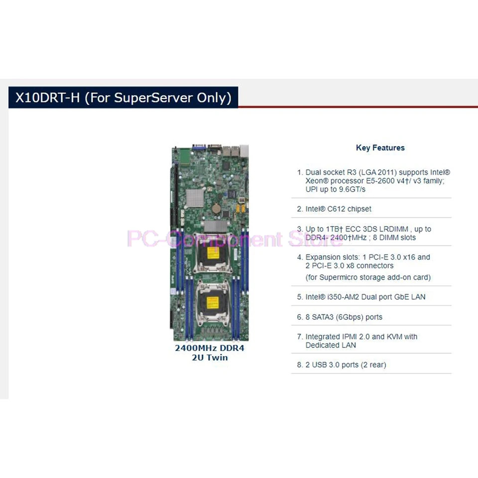 Supermicro 2U 듀얼 소켓 R3LGA2011 서버 마더보드 E5-2600 v4/v3 군 i350-AM2 포트 GbE LAN DDR4 X10DRT-H