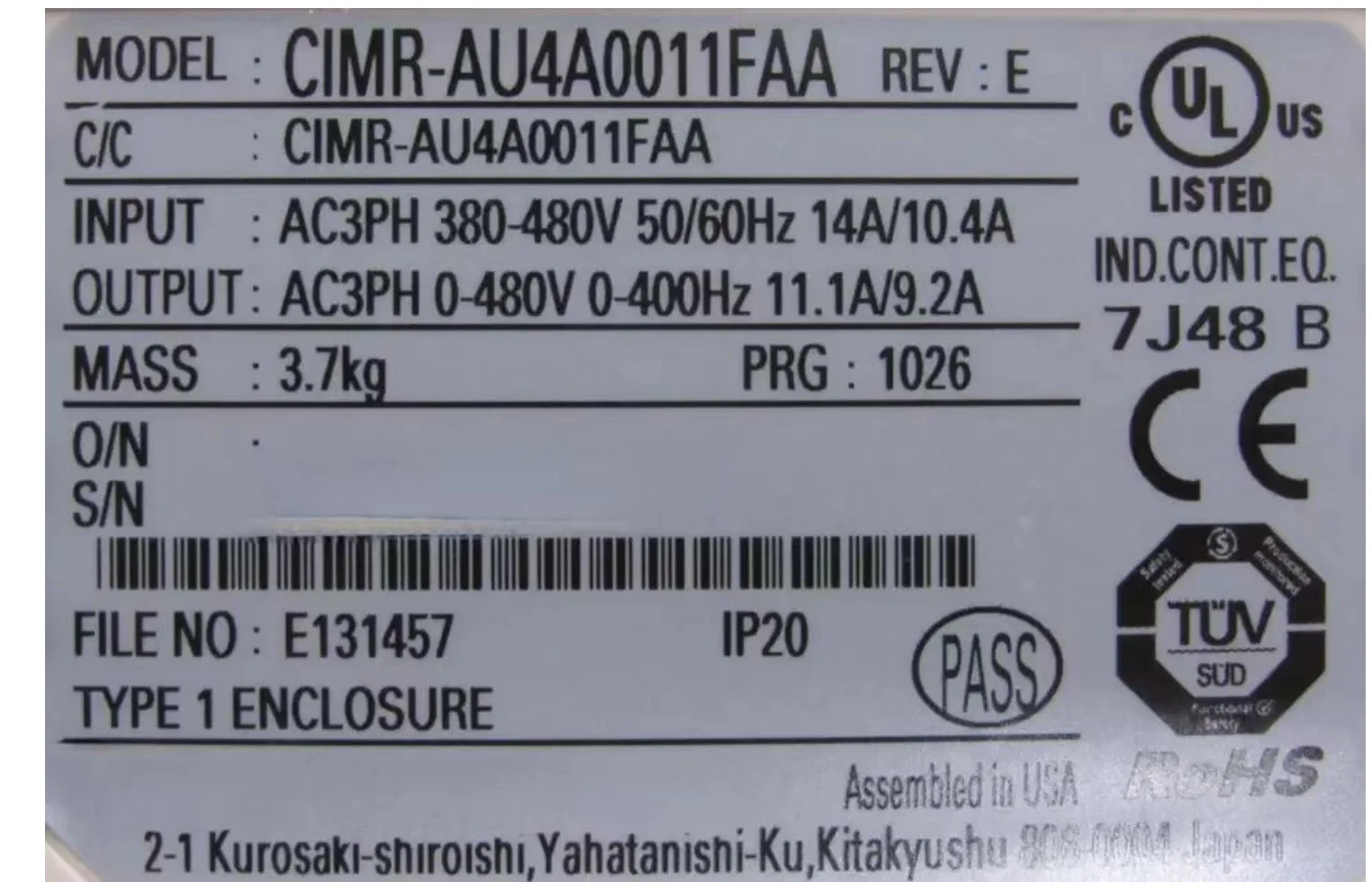 AC 드라이브 CIMR-AU4A0011FAA 주파수 인버터 CIMRAU4A0011FAA 신