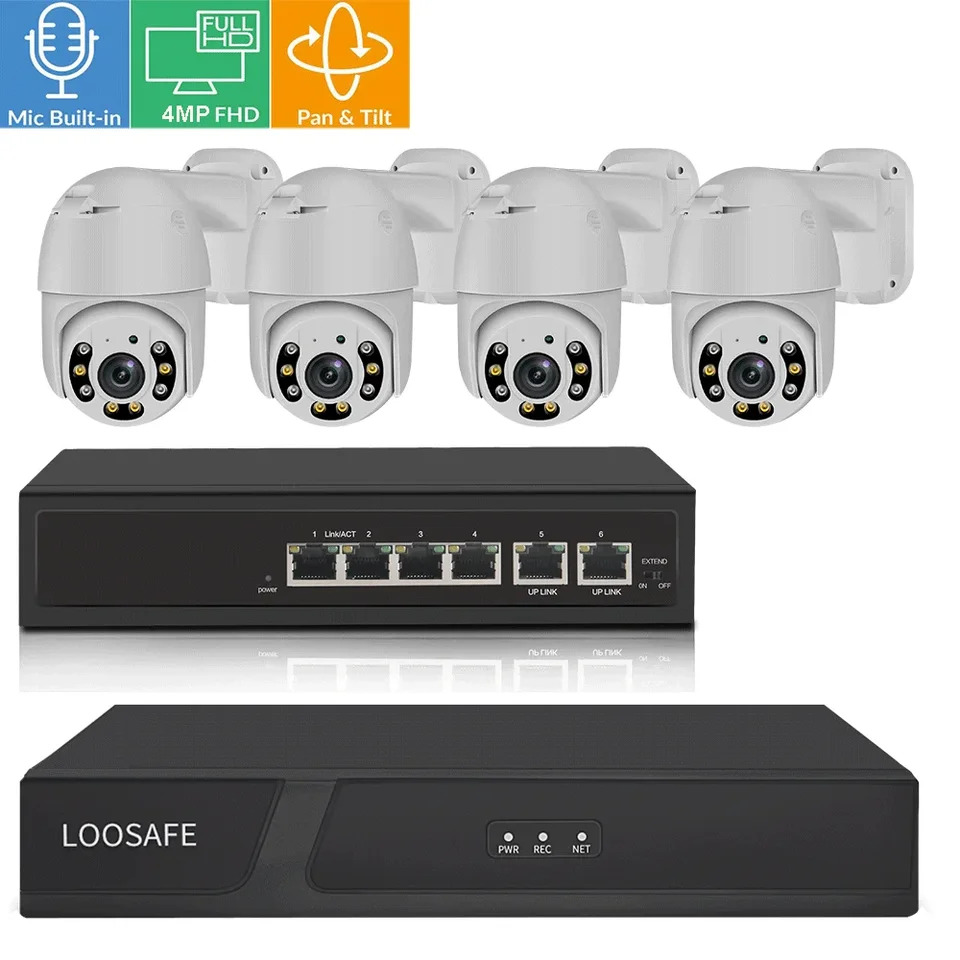 LOOSAFE 돔 팬 틸트 모션 카메라 야외 키트 Poe ptz 이조명 적외선 야적외선 4CH 5MP