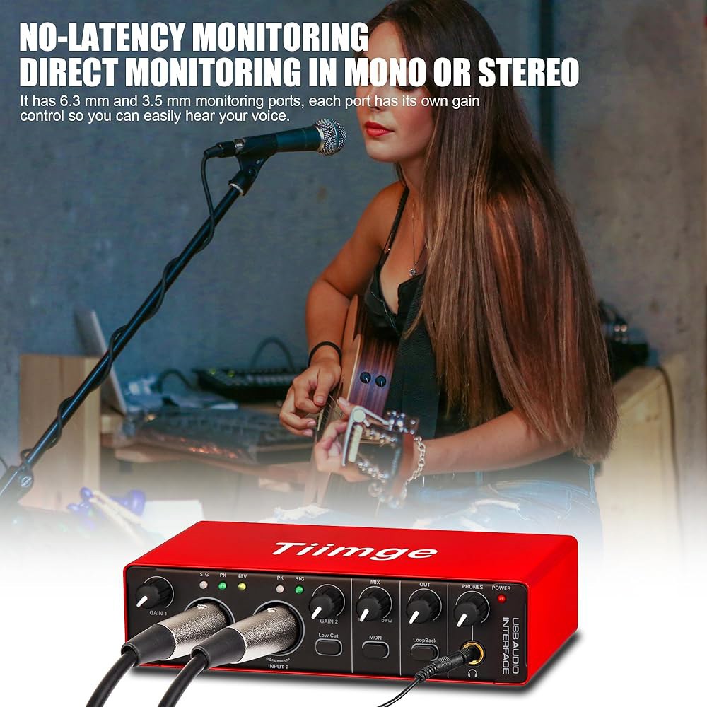 48V 팬텀 파워, 24비트 /192kHz 고충실도, 마이크 프리앰프 XLR /TSR 포트를 갖춘 PC용 Tiimge 2x2 USB 오디오 인터페이스, 기타리스트, 보컬리스트, - 상세 이미지 3