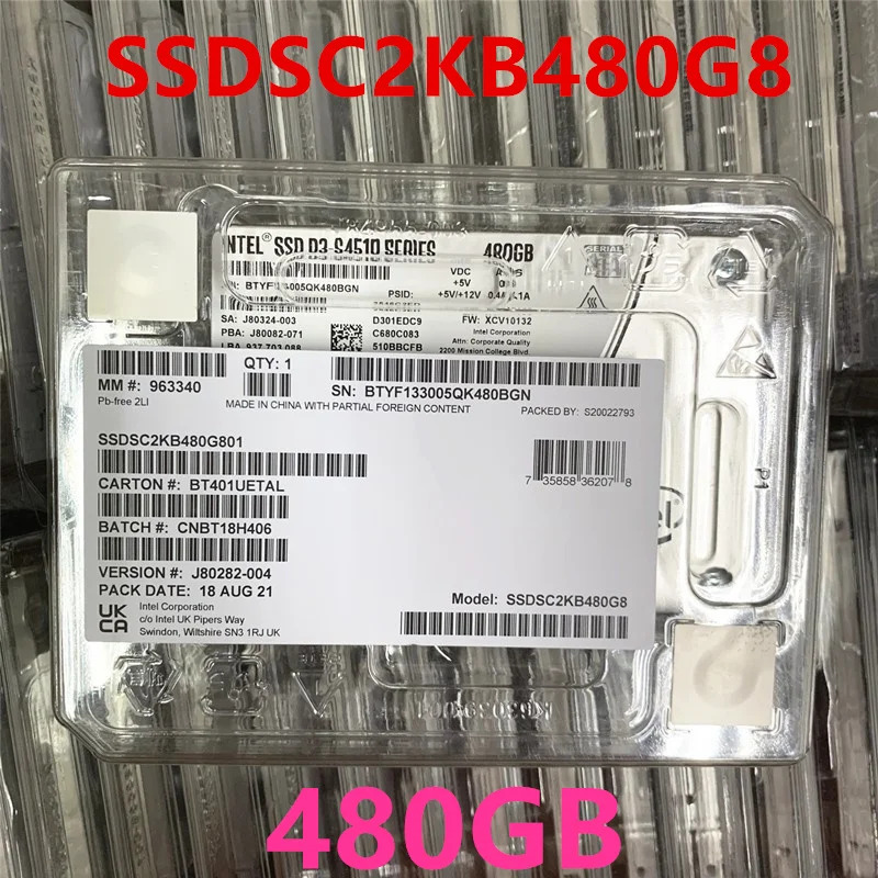 SSD D3-S4510 480GB 2.5 인치 SATA SSDSC2KB480G8 SSDSC2KB480G801 솔리드 스테이트 드라이브 신