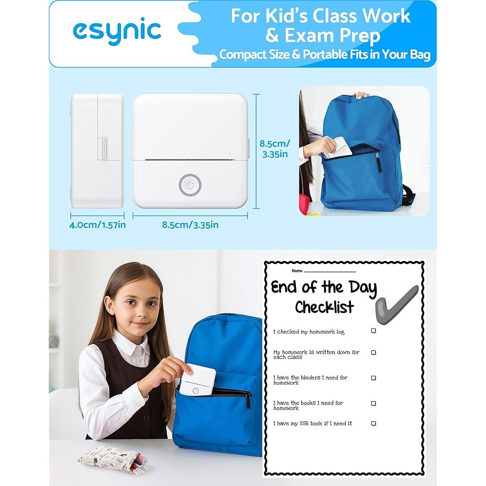 eSynic 휴대용 미니 스티커 프린터-1200mAh 충전식 프린터-Lnkless 5개-DIY/사진/학습 컨트롤-5롤 노트용 접착제 배터리-블루투스 앱 감열지 컬러 펜 및 6개 - 상세 이미지 2