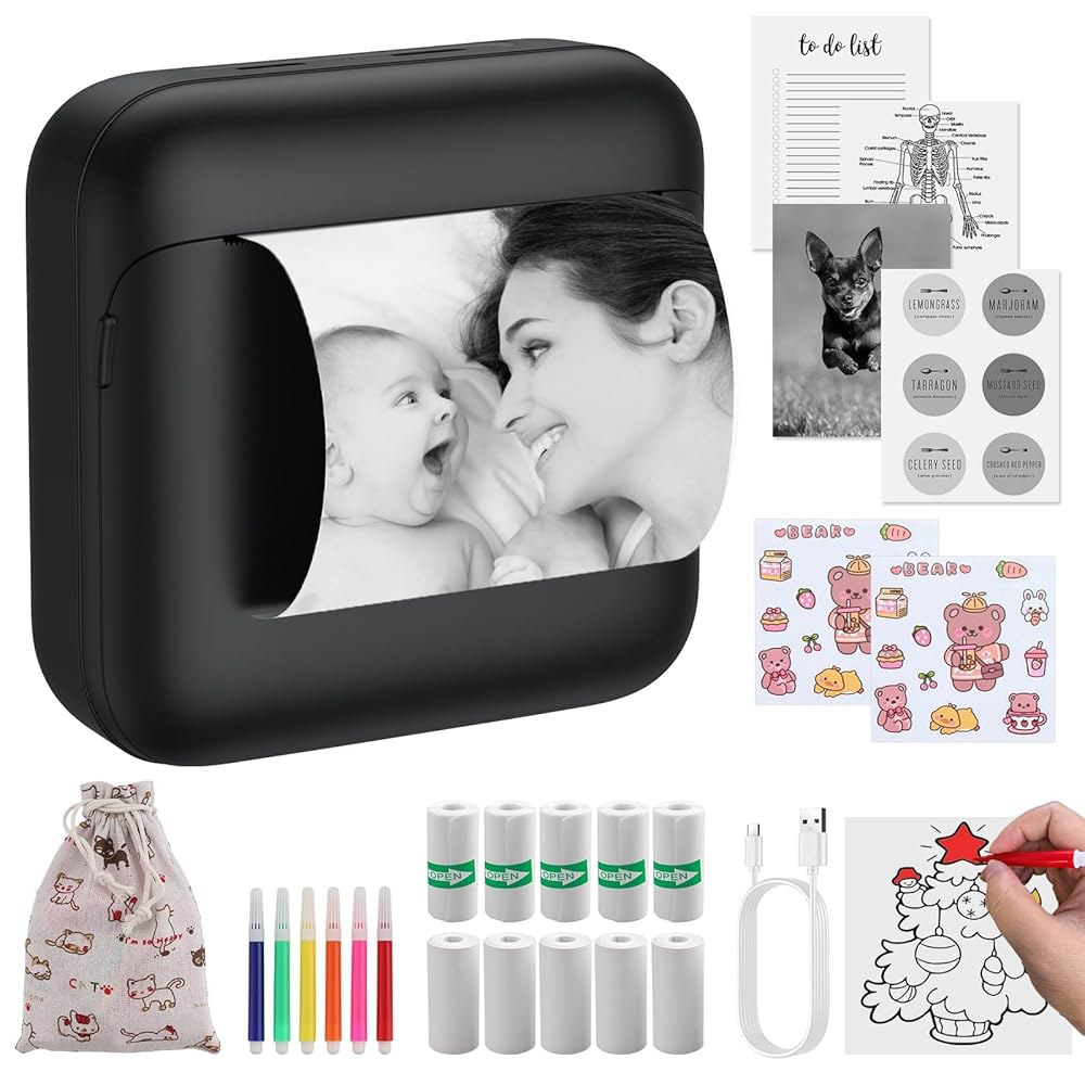 eSynic 휴대용 미니 스티커 프린터-1200mAh 충전식 및 인쇄-쉬운 프린터-Lnkless 6개 설치-5롤 배터리-블루투스 컬러 노트용 5장-DIY/사진/학습 감열지 펜 접착 - 상품 이미지