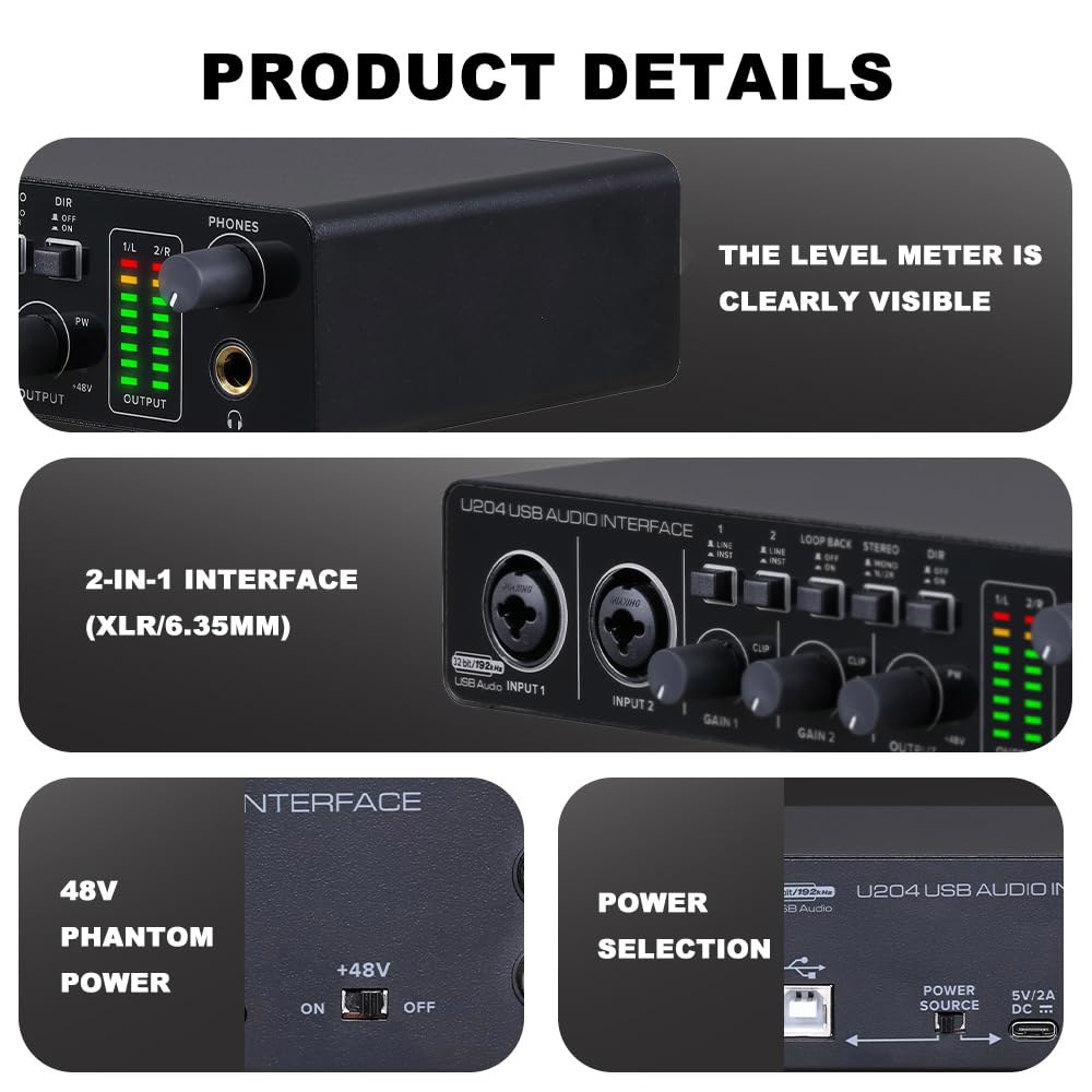PC 컴퓨터 레코딩 음악을 위한 BOMGE U204 USB 오디오 인터페이스, Mac용 2x2 기타 인터페이스 / 192kHz 팟캐스트 스트리밍, 48V 팬텀을 갖춘 보컬 프로듀서 - 상세 이미지 2