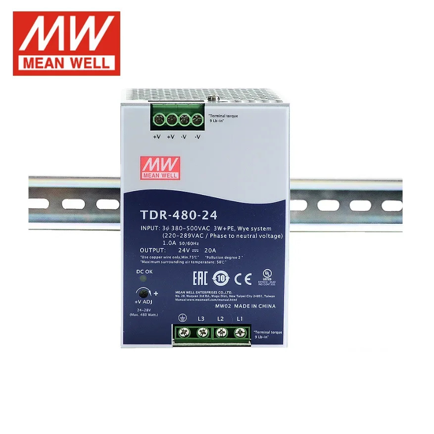 대만 Mingwei 380V 입력 레일 전원공급장치 TDR-480-24 480W 24V 20A 인증 신