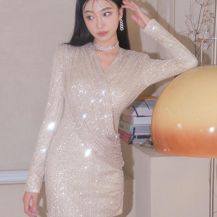 미니드레스 원피스 블링 반짝이 스팽글 슬림핏 브이넥 여성복 시퀸 파티룩 섹시 - 상세 이미지 2