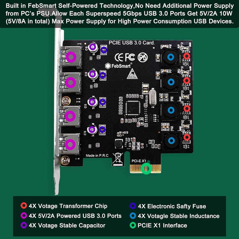 Windows 11, 10, 8.x, 7, Vista, XP 데스크톱 PC용 FebSmart 4 포트 초고속 5Gbps USB 3.0 PCI Express 확장 카드, 자체 전원 - 상세 이미지 3