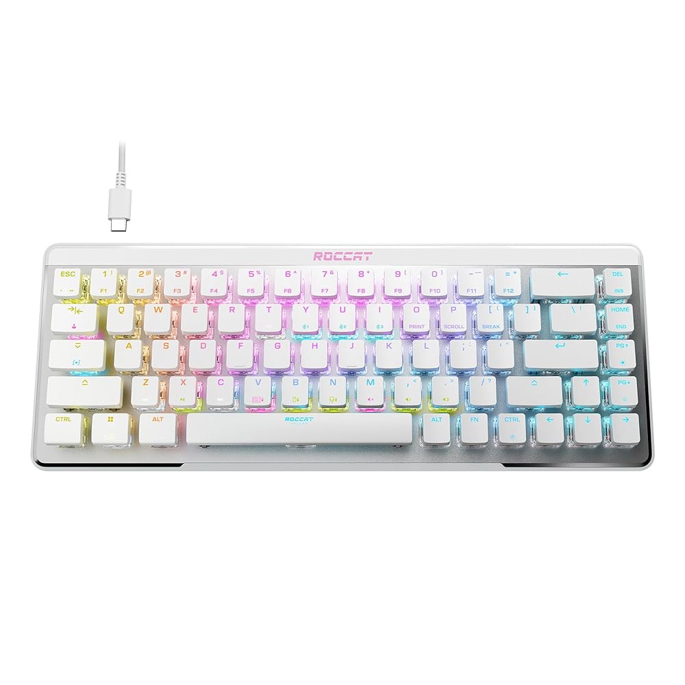 ROCCAT Vulcan II 미니 에어 65 맞춤형 광학 무선 화이트 버튼 복제기, 풀 게이밍 RGB 프로필, 조명, 블루투스 플레이트 및 기능, 기계식 온보드 키보드, 알루미늄 - 상품 이미지
