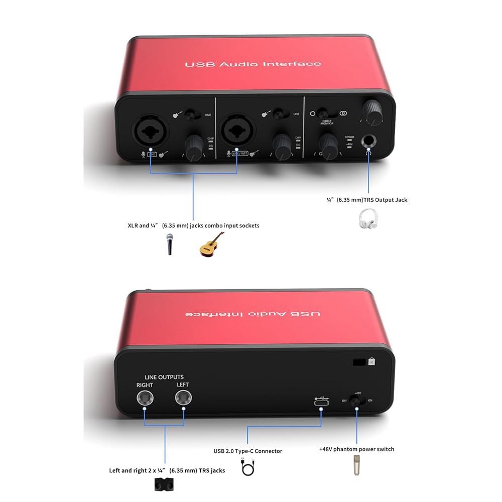 ILIWIWY USB 오디오 인터페이스 XLR 소켓(24비트 / 192kHz)+48V 팬텀 파워 레코딩 홈 스튜디오 장비 맥 PC 음악 프로덕션 스트리밍 팟캐스트 제공 - 상세 이미지 2