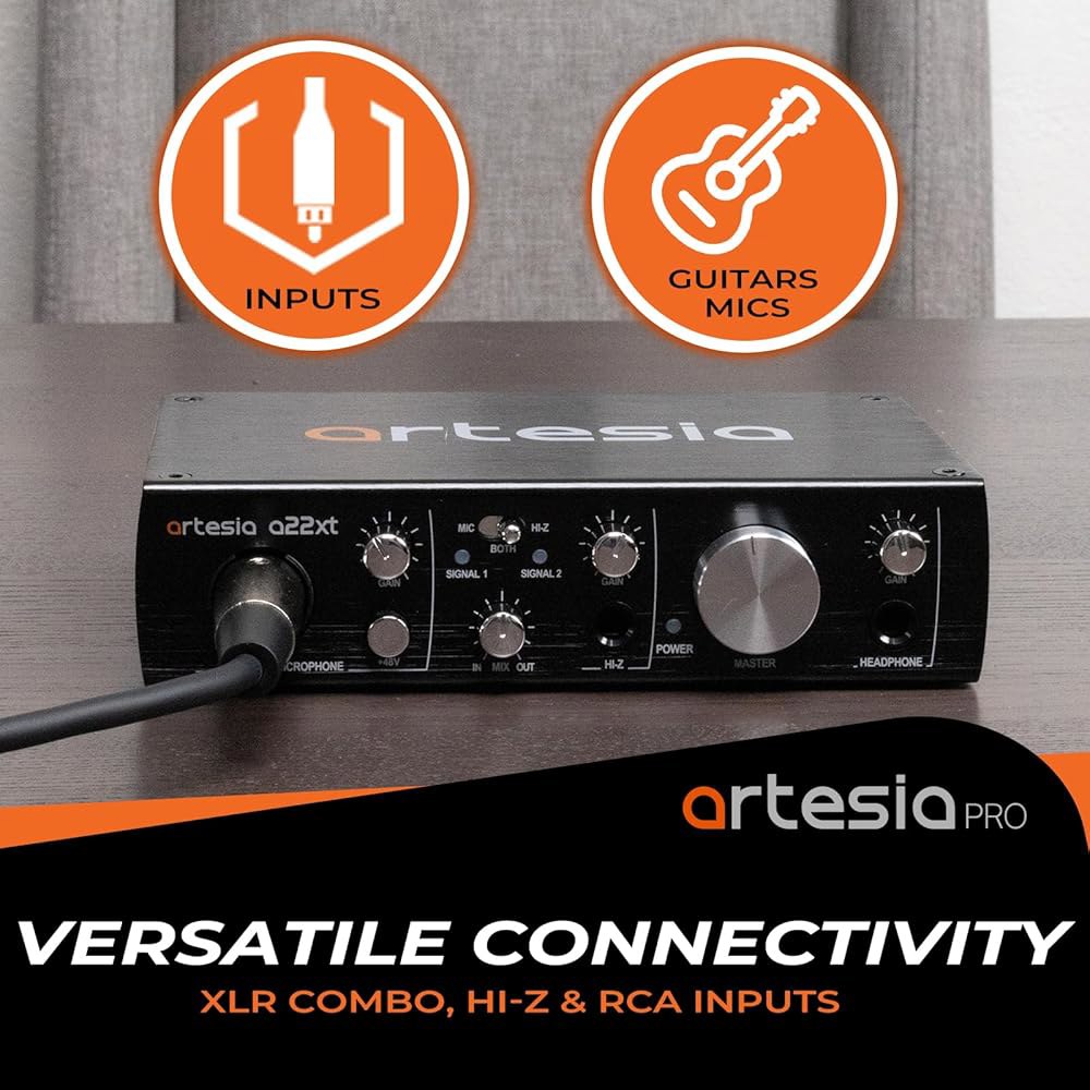 24비트 / 96kHz 고해상도 녹음, 48V 팬텀 파워, XLR 입력, 음악 제작, 스트리밍, 팟캐스트를 위한 전문 오디오 인터페이스를 갖춘 Artesia A22xt USB 인터 - 상세 이미지 2