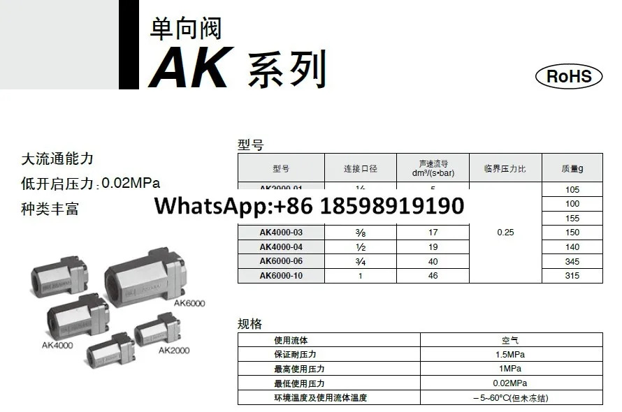 SMC 금속 체크밸브 AK 2000-02 오리지널 구경 2 포인트
