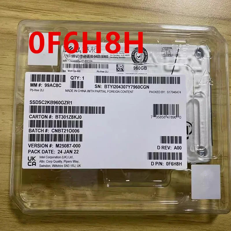 델 SSD D3-S4520 960GB 2.5 인치 SATA 0F6H8H F6H8H SSDSC2KB960GZR 오리지널 솔리드 스테이트 드라이브 신