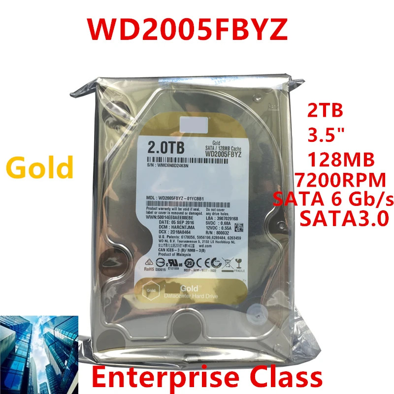 WD 새 원본 HDD Gold 2 테라바이트 3.5 SATA 6 기가 바이트호환/초 128MB 7200RPM WD2005FBYZ 엔터프라이즈 내부 용