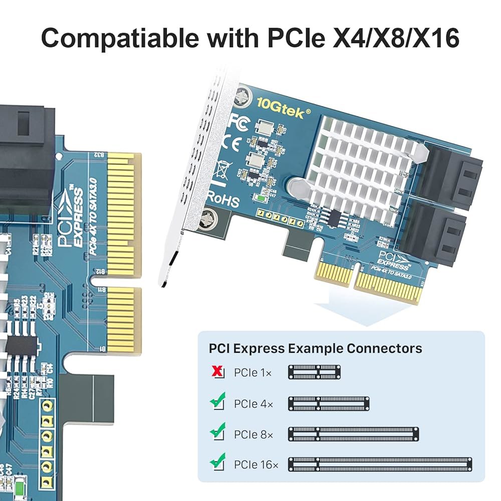 10Gtek PCIe SATA 카드 4포트, 6Gbps SATA3.0 컨트롤러 x4 레인 확장 카드, 데스크톱 및 NAS 스토리지용 SSD/HDD 지원 2-Port PCI-e X1 - 상세 이미지 2