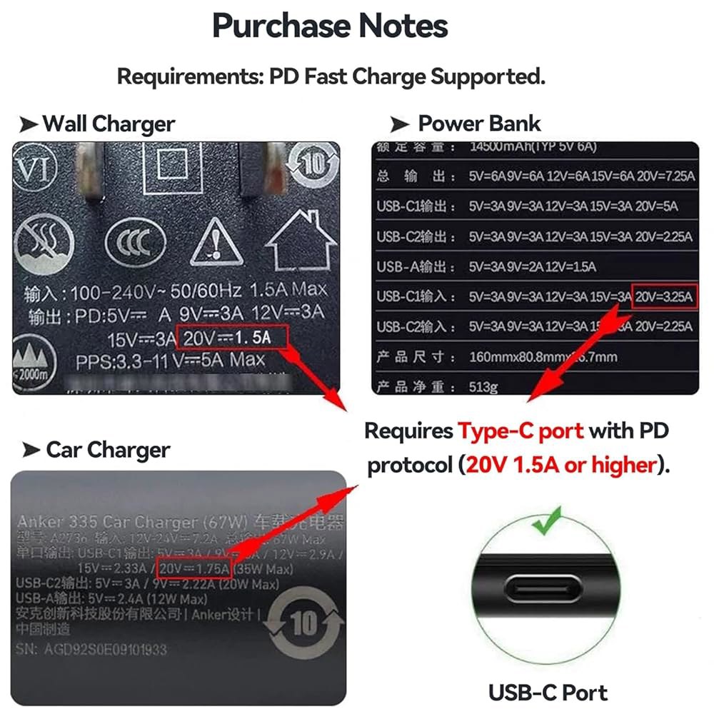 Jeasun USB-C Power Cord for Resmed Ready (20V Cable Battery Car AirMini Chargers with Pack Boost 1.3 - 상세 이미지 3