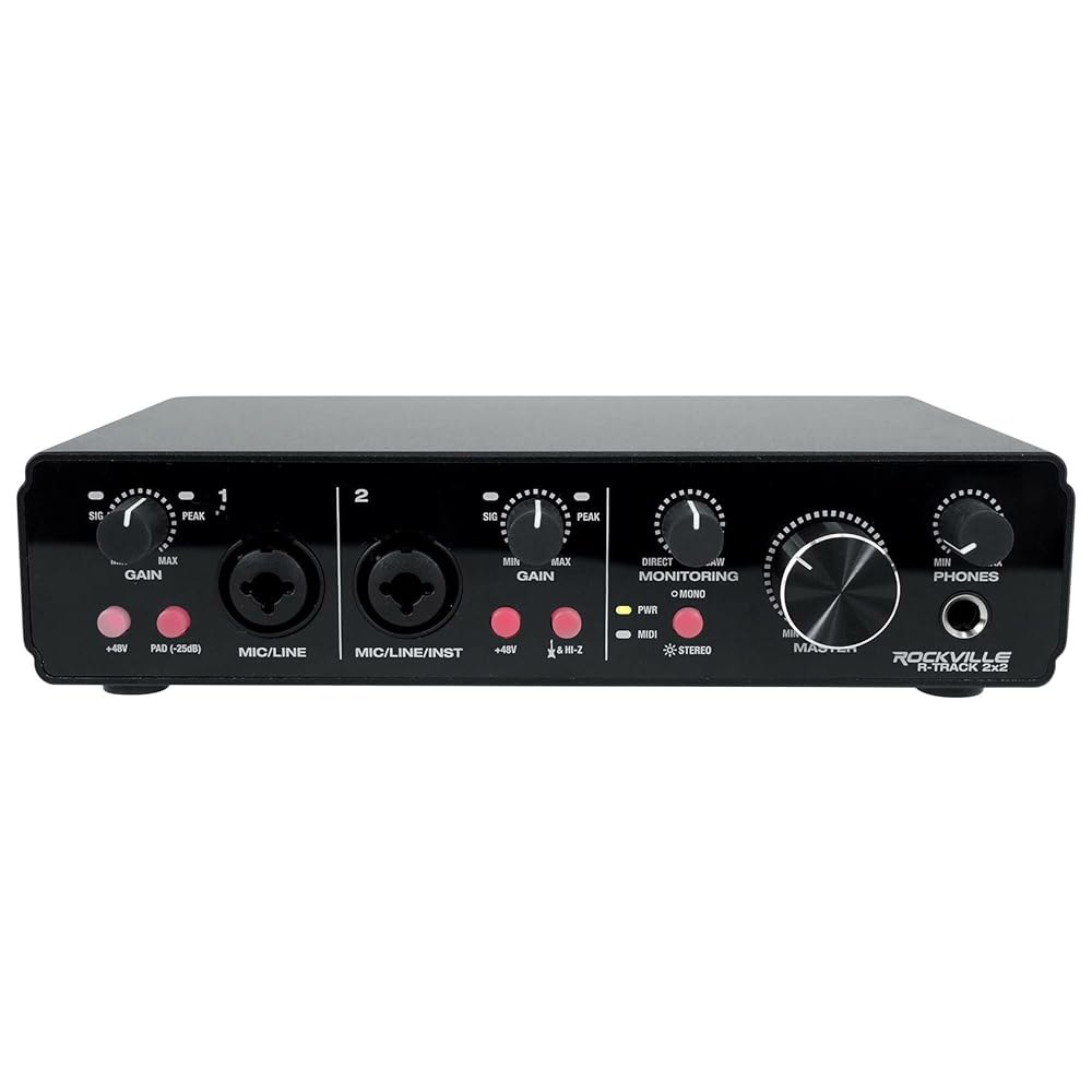 Rockville R-TRACK 2x2 USB 2.0 오디오 인터페이스, 24비트 /192kHz, 콤보 잭이 있는 마이크 프레스 2개, MIDI I/O, 팬텀 파워, 스튜디오 녹음 - 상품 이미지
