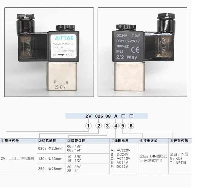 AIRTAC 공압 솔레노이드 밸브 전자기 제어 2V025-08 2V025-06 DC24V AC220V DC12V AC110V