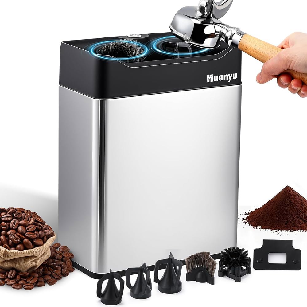 화뉴 포르타필터 클리너 전기, 6L 대용량, 듀얼 브러시 헤드, 58mm 및 51mm 포르타필터용 스크레이퍼 3개, 자동 커피 찌꺼기 청소기 - 상품 이미지