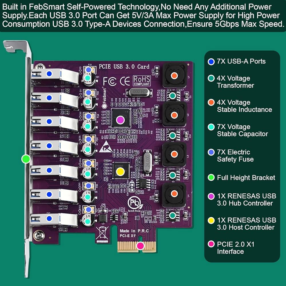 FebSmart 7X 5Gbps USB-A 포트, Windows 11, 10, 8.x, 7, Vista, XP 데스크톱 PC용 PCIE USB 3.0 확장 카드, 자체 전원 공급 - 상세 이미지 3