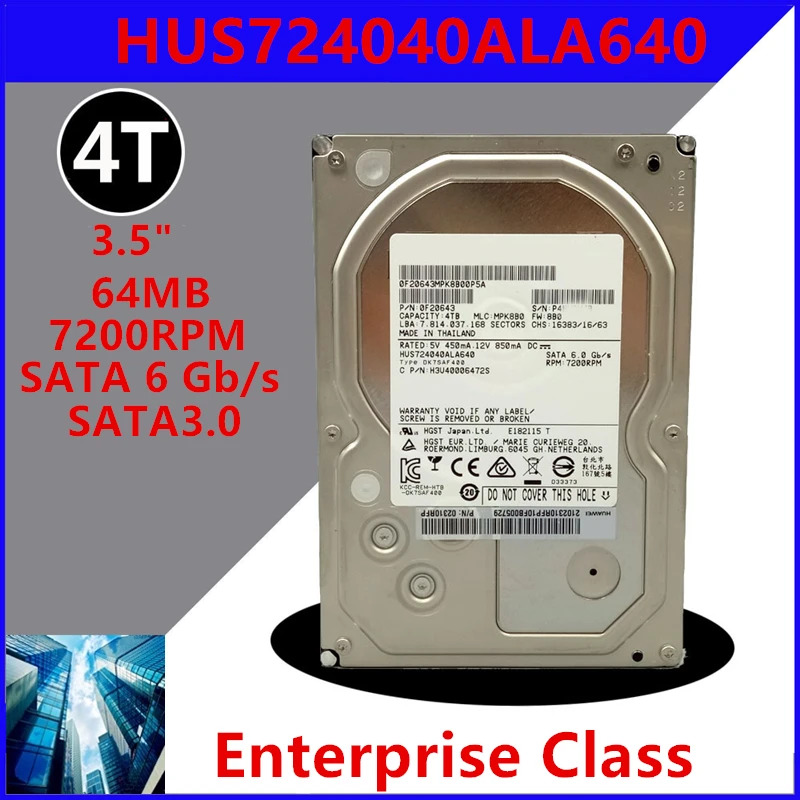 엔터프라이즈 HDD HUS724040ALA640 내부 Hgst 4TB 3.5 7K4 SATA 6 Gb/s 64MB 7200RPM 새 원본