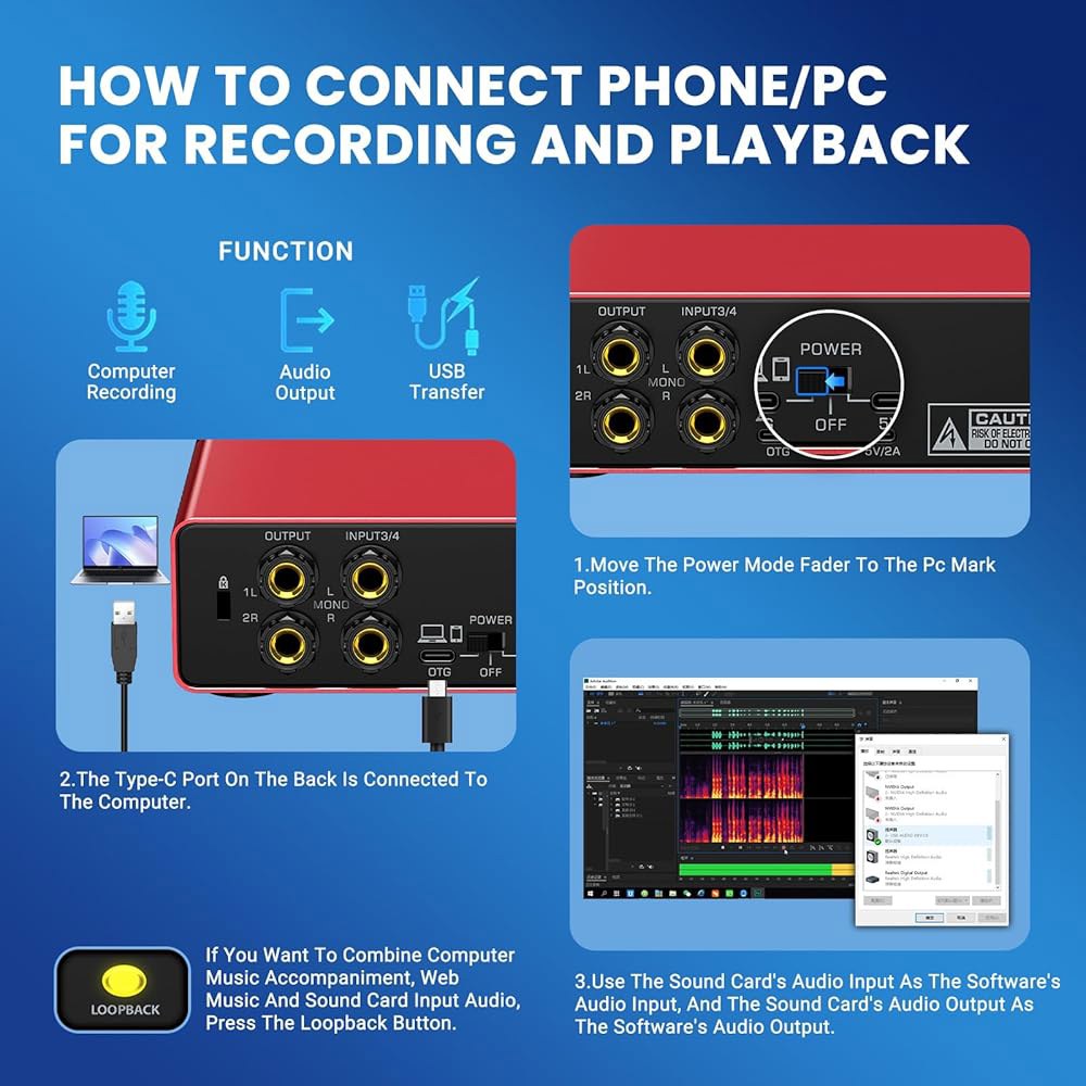 USB 오디오 인터페이스, 48V 팬텀 파워 24비트 /192kHz, 듀얼 TS /XLR 입력 플러그 앤 플레이로 녹음, 팟캐스트, 스트리밍, 기타, 보컬리스트를 위한 4-In - 상세 이미지 3