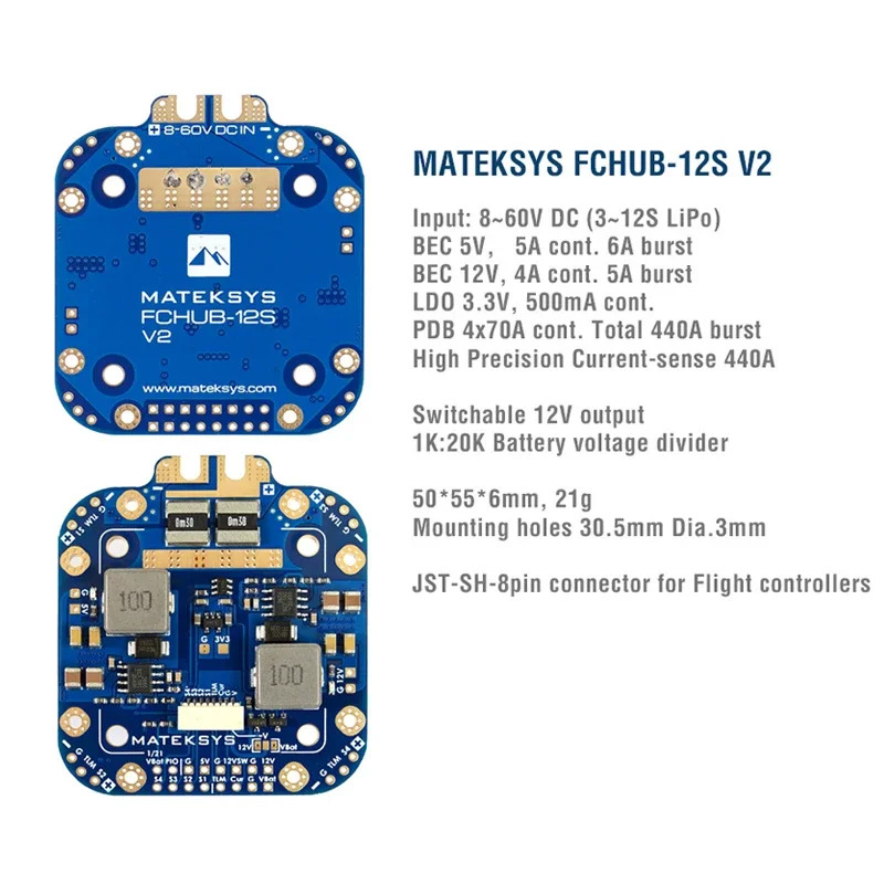 Matek Mateksys FCHUB-12S V2 허브 배전 보드 PDB 5V 12V BEC 내장 184A 전류센서 RC 멀티콥터용
