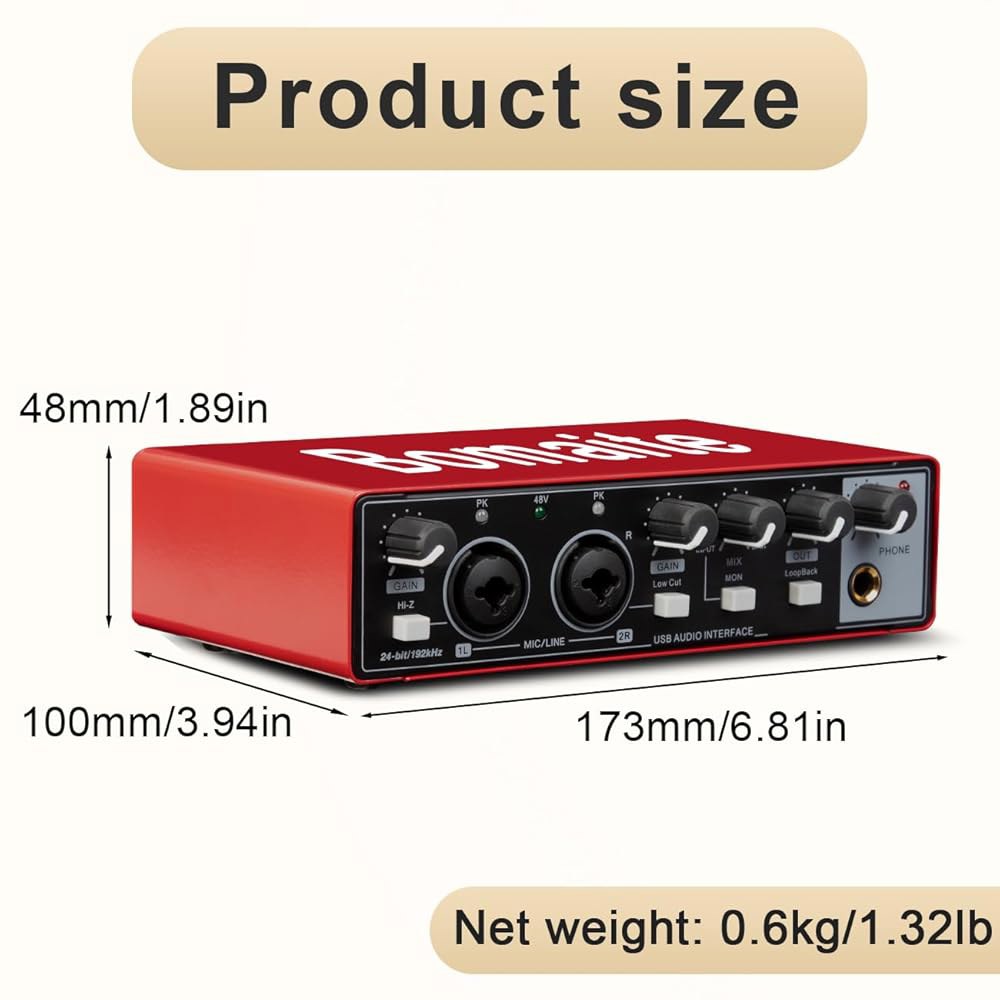 PC 및 Mac용 Bomaite MB28 USB 오디오 인터페이스 2x2 기타 녹음, 24비트 / 192kHz, 팟캐스트 음악 제작을 위한 48V 팬텀 파워 - 상세 이미지 3