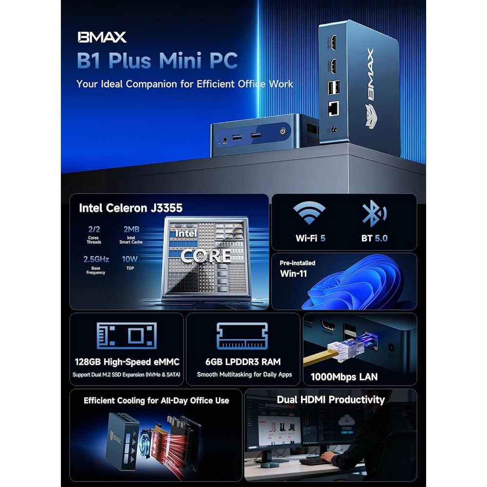 Bmax 미니 PC B1 플러스, 인텔 2.4G/5G 2.5GHz), 듀얼 및 가정/사무실용 지원 디스플레이 6GB RAM M.2 4K 데스크탑 컴퓨터 J3355(최대 (512GB - 상세 이미지 2