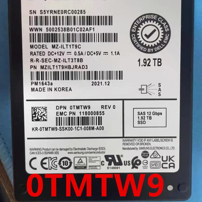 TMTW9 0TMTW9DELL 1.92TB 2.5 SAS SSD거새 오리지널 솔리드 스테이트 드라이브
