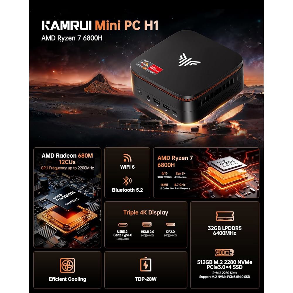 AMD 라이젠 7 6800H 미니 게이밍 RAM 512GB 홈 소형 6, 컴퓨터, 컴퓨터(8C/16T, 2.5Gbps 4.7GHz), PC SSD 오피스 최대 트리플 32GB 마이 - 상세 이미지 2