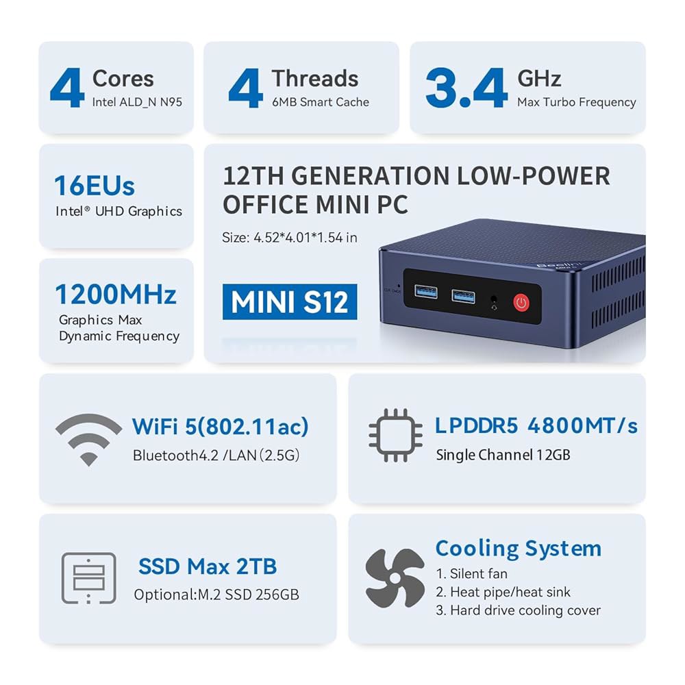 Beelink MINI S12 미니 PC, 12세대 2.5G 8GB 4.2, RAM 3.4GHz), 디스플레이, USB SSD, 듀얼 인텔 컴퓨터 DDR4 N95 LAN, UHD - 상세 이미지 2