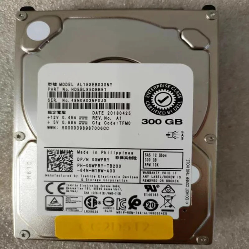 DELL 300GB SAS오리지널 하드 서버 HDD 0GWFRY GWFRY AL15SEB030NY 2.5 인치 10000RPM 32MB