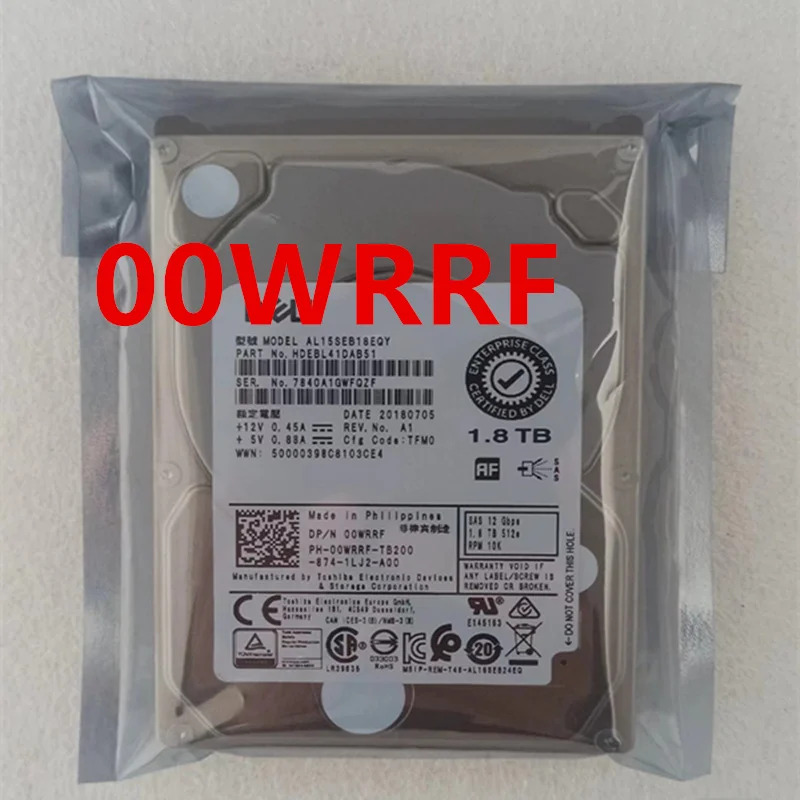 DELL 1.8TB SAS 2.5 10K 128MB 서버 하드 드라이브 0WRRF 00WRRF AL15SEB18EQY새 원본