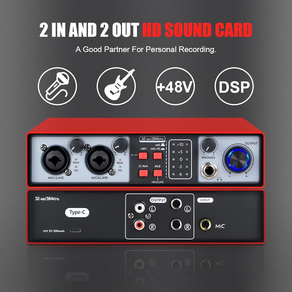 Micfuns 2-in-2-out USB 오디오 인터페이스, 32비트 /384kHz DSP, 48V 팬텀 전원, 실시간 모니터링, 빨간색(NMX02) NMX02 - 상세 이미지 2