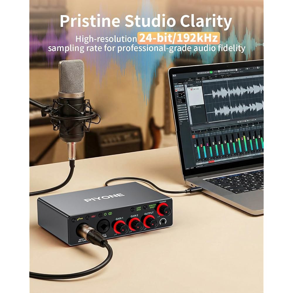 PIYONE 오디오 인터페이스, 고충실도를 위한 2X2 24비트 /192kHz 스튜디오 품질 PC / Mac iOS 녹음, XLR TRS 콤보 입력, 모니터 믹스 루프백 기능, - 상세 이미지 2