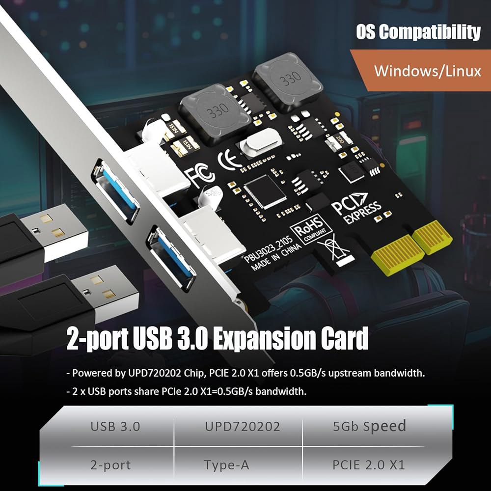 GLOTREND U3023 2포트 PCIe USB 확장 카드, USB-A 포트 2개(USB 3.2 1세대), Windows Linux와 호환(Mac OS용 제외) - 상세 이미지 3