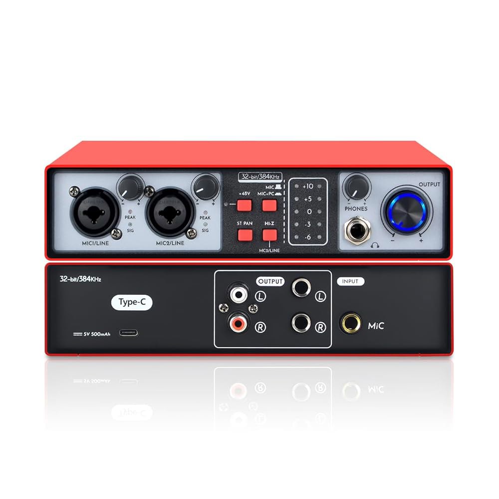 Micfuns 2-in-2-out USB 오디오 인터페이스, 32비트 /384kHz DSP, 48V 팬텀 전원, 실시간 모니터링, 빨간색(NMX02) NMX02 - 상품 이미지