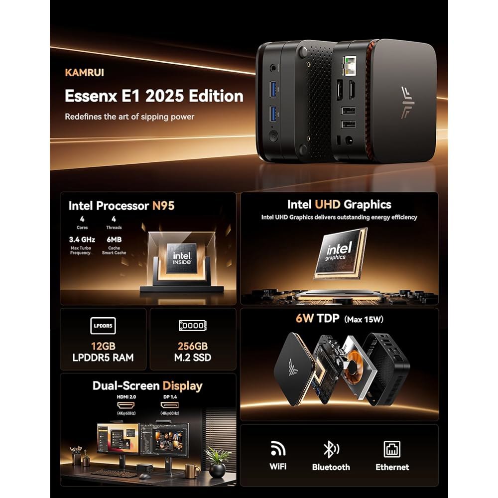 Essenx E1 미니 컴퓨터, N95 프로세서 Wi-Fi, 듀얼 포함, 4K, 256GB 비즈니스용 PC, 소형 이더넷, 데스크탑 LPDDR5 PC M.2 SSD 12GB 블루투 - 상세 이미지 2