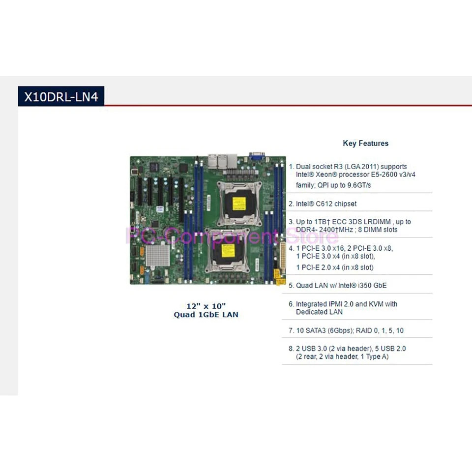 슈퍼마이크로 듀얼 채널 서버마더보드 쿼드 1GbE LAN IPMI 2011 핀 C612 X10DRL-LN4