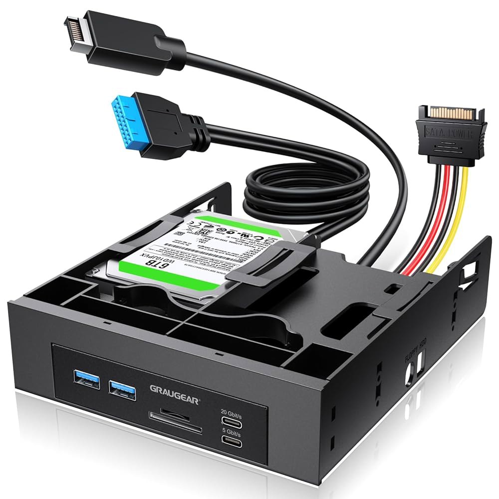 GRAUGEAR 5.25 u201D 전면 패널 USB 허브, 데스크탑 PC용 내장 SD / microSD 카드 리더, Gen2x2 20Gbps USB-C 포트, 듀얼 2.5인치 - 상품 이미지