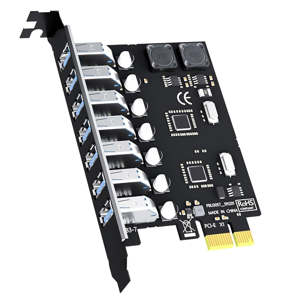 GLOTREND U3057 7포트 PCIe USB 확장 카드, USB-A 포트 7개(USB 3.2 1세대), Windows Linux와 호환(Mac OS용 제외) - 상품 이미지