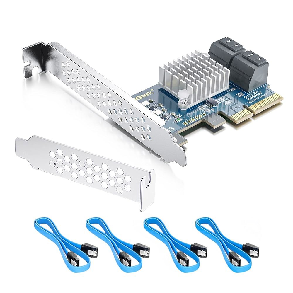 10Gtek PCIe SATA 카드 4포트, 6Gbps SATA3.0 컨트롤러 x4 레인 확장 카드, 데스크톱 및 NAS 스토리지용 SSD/HDD 지원 2-Port PCI-e X1 - 상품 이미지