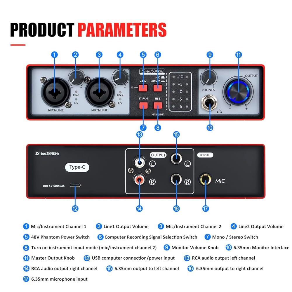 Micfuns 2-in-2-out USB 오디오 인터페이스, 32비트 /384kHz DSP, 48V 팬텀 전원, 실시간 모니터링, 빨간색(NMX02) NMX02 - 상세 이미지 3