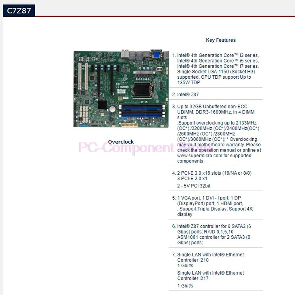 C7Z87 For Supermicro Workstation Motherboard 4th Generation i3 i5 i7 Series LGA1150 DDR3 PCI-E 3.0