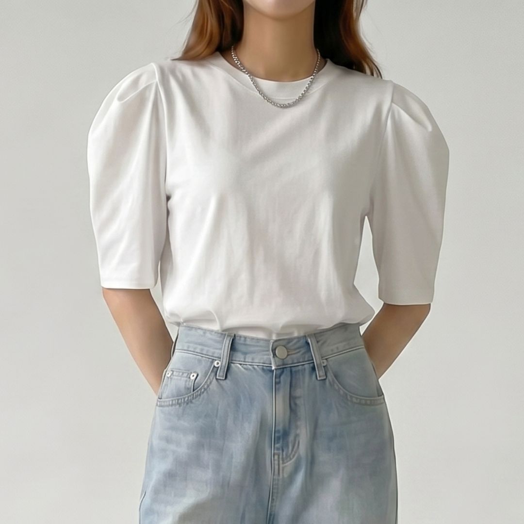 맘오브유 어깨셔링 코튼 퍼프 반팔 티셔츠 - 상세 이미지 4