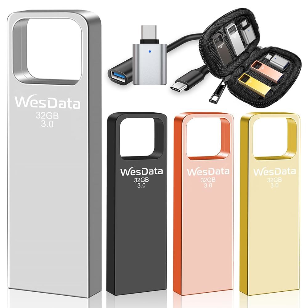 WesData 32GB USB 3.0 플래시 드라이브 4팩, 속도, 미니 금속 읽기 100MB/s 디자인, C 실버 어댑터 케이스 그레이 포함, 골드 핑크 보관 32GB 3.0 - 상품 이미지