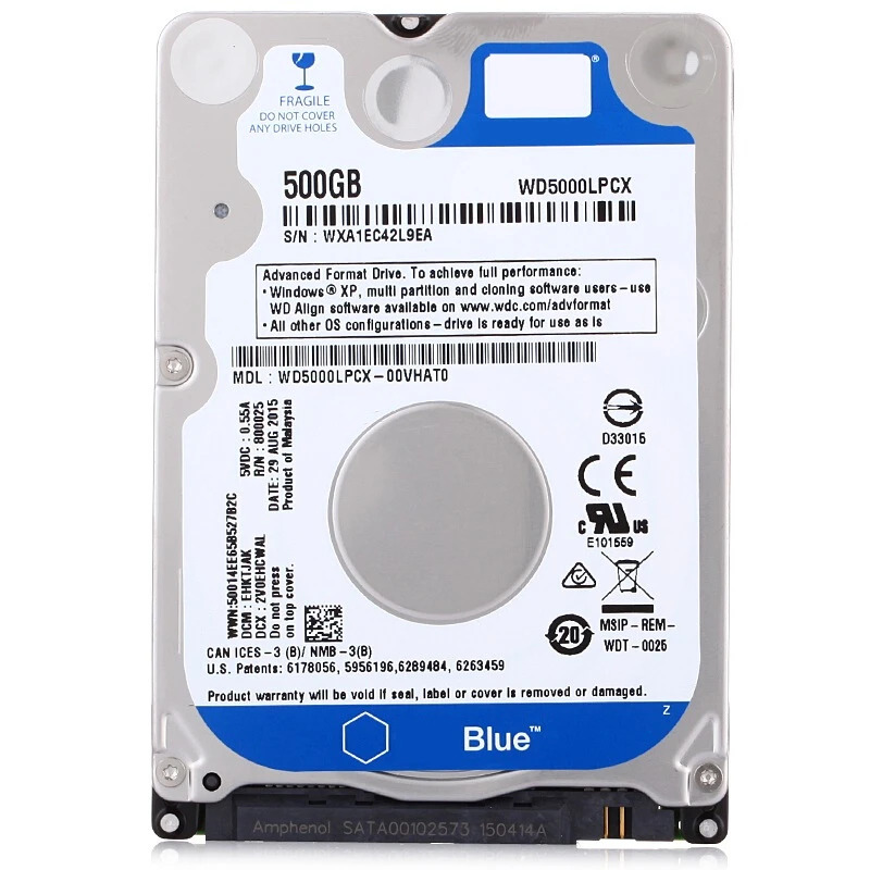 노트북 하드 드라이브내장 HDD WD 블루 500GB 2.5 인치 SATA 6 Gb/s 16MB 5400RPM WD5000LPCX